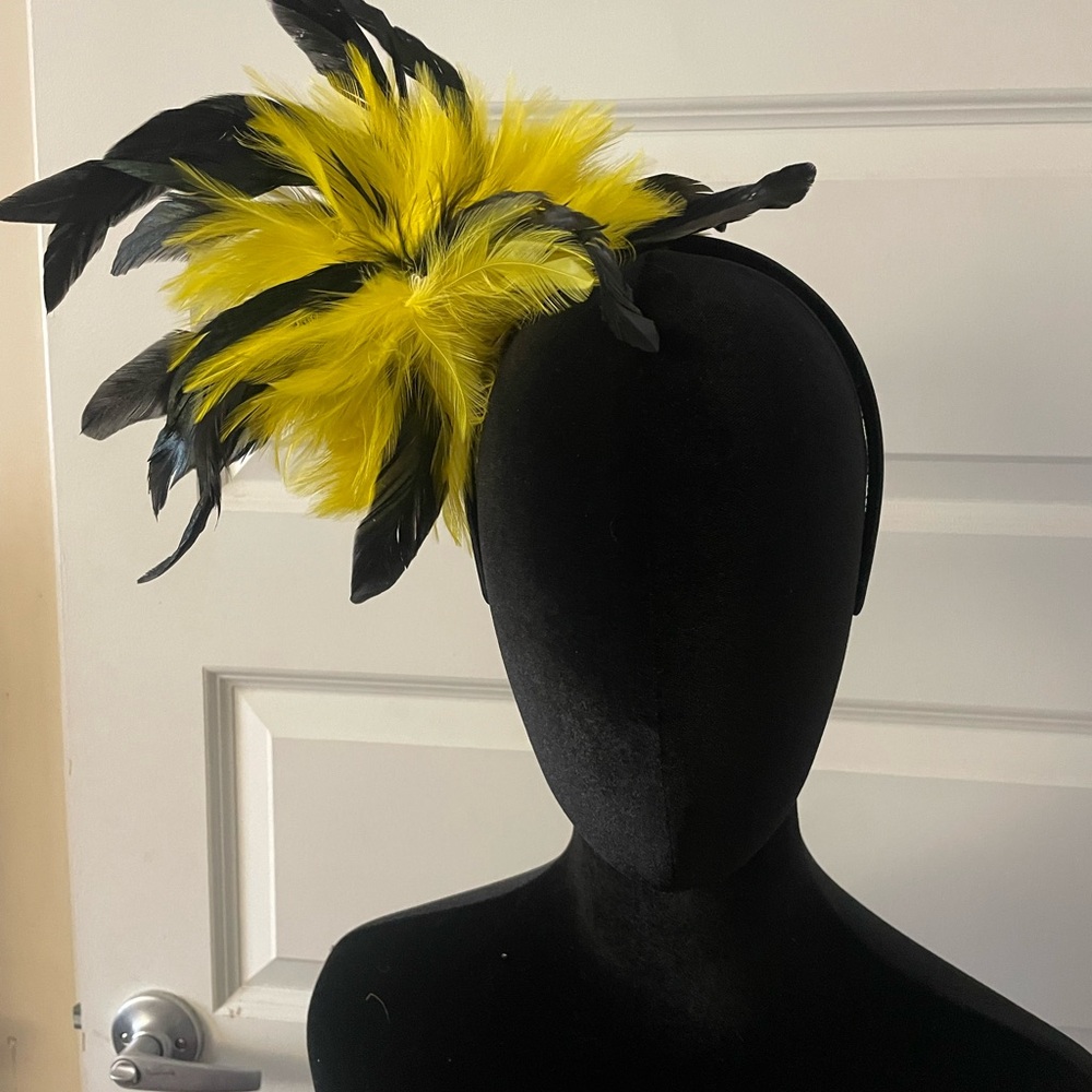 Yellow and Black Feather Fascinator Headband Burlesque Madi Gras Festival Rave